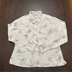 Talbots Cream Button-Up Blouse with Pastel Butterfly Print